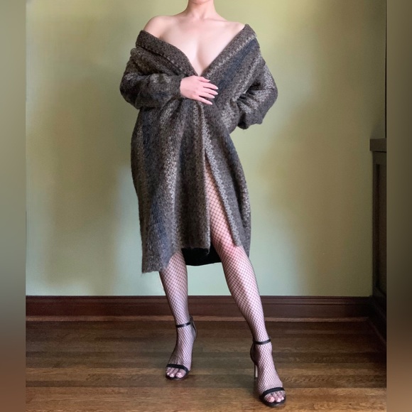 Striped Mohair Coat, Vintage Retro Open Front Coat, Petite - Picture 6 of 8